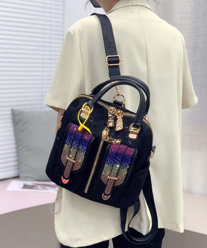 Style Black Zircon Patchwork Sequin Leather Backpack Bag MM038