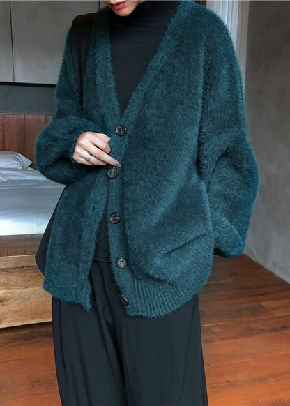 Style Blackish Green V Neck Mink Hair Knitted Cardigan Winter RL008