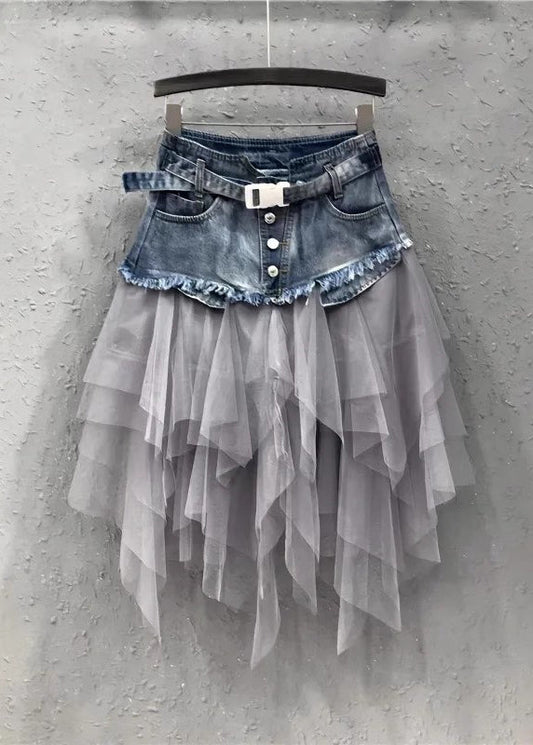 Style Blue Asymmetrical Tulle Patchwork Denim Skirts Summer QQ1052