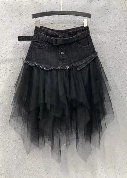 Style Blue Asymmetrical Tulle Patchwork Denim Skirts Summer QQ1052