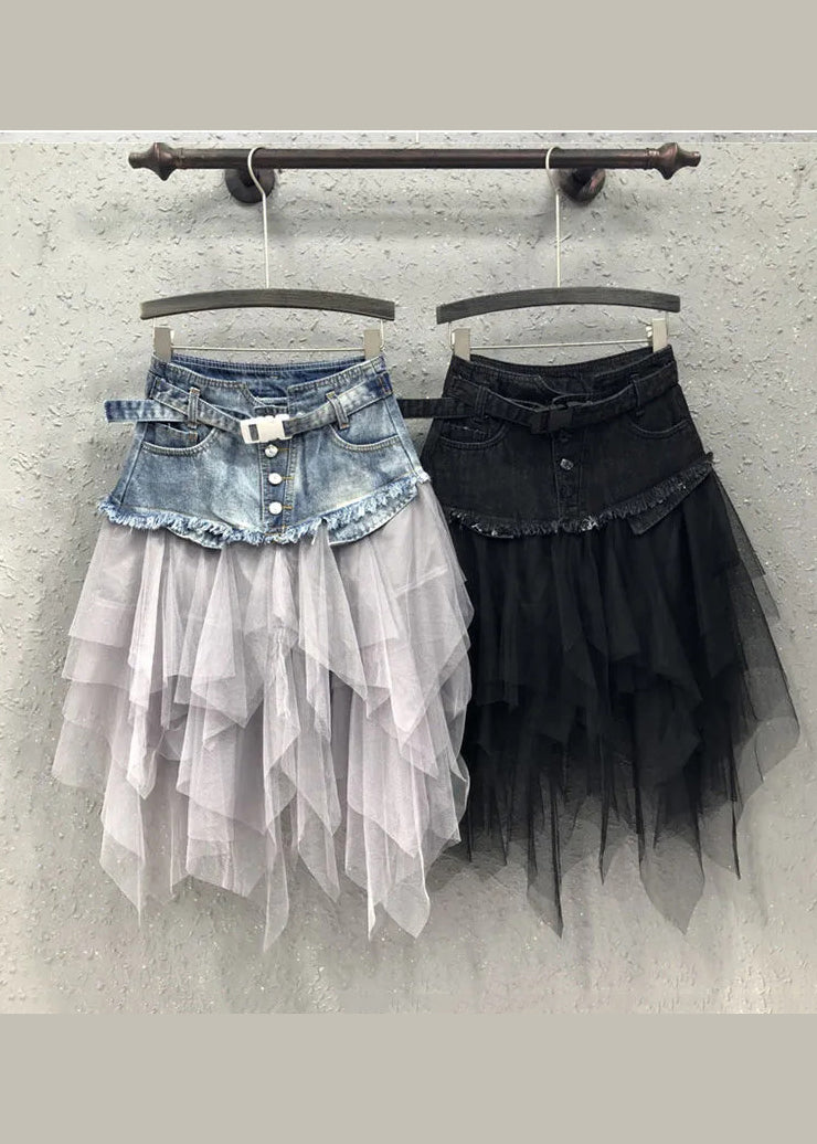 Style Blue Asymmetrical Tulle Patchwork Denim Skirts Summer QQ1052