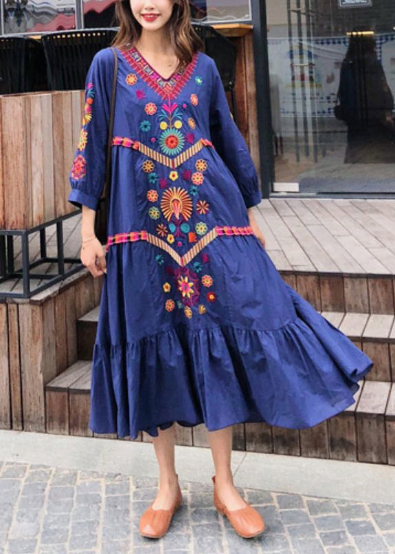 Stil Blau Bestickt Extra Große Saum Baumwolle Kleid Sommer YY022