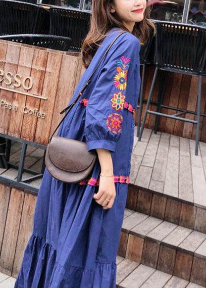 Style Blue Embroidered Exra Large Hem Cotton Dress Summer YY022