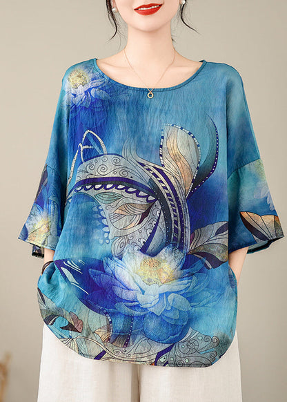 Style Blue O-Neck Print Top Batwing Sleeve AP094