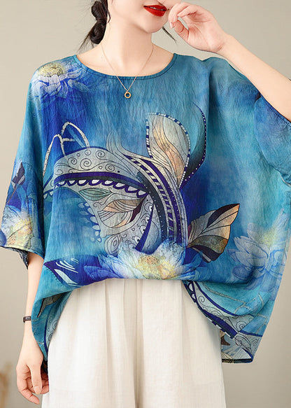 Style Blue O-Neck Print Top Batwing Sleeve AP094