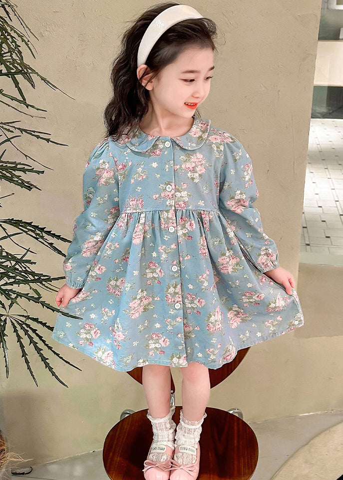 Robe longue patchwork bleue à col Peter Pan pour enfants Automne SS1043