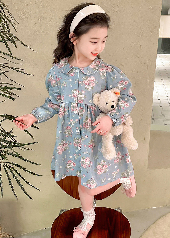 Robe longue patchwork bleue à col Peter Pan pour enfants Automne SS1043