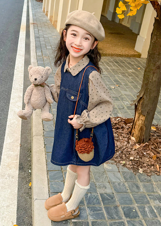 Robe longue en denim bleu imprimé patchwork pour enfants, manches lanternes, TV032