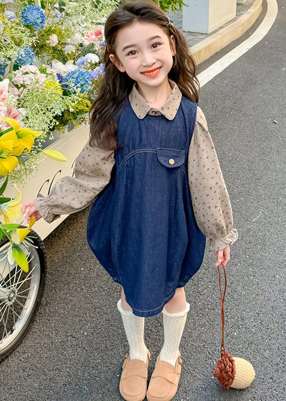 Robe longue en denim bleu imprimé patchwork pour enfants, manches lanternes, TV032