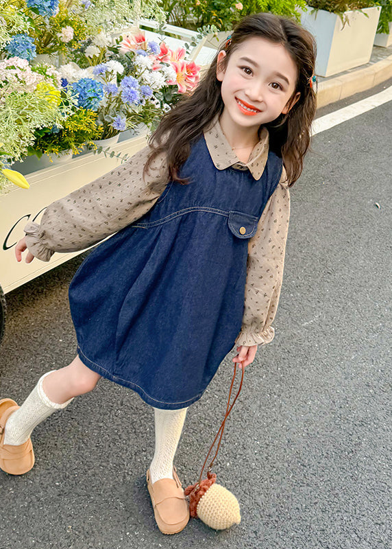 Robe longue en denim bleu imprimé patchwork pour enfants, manches lanternes, TV032