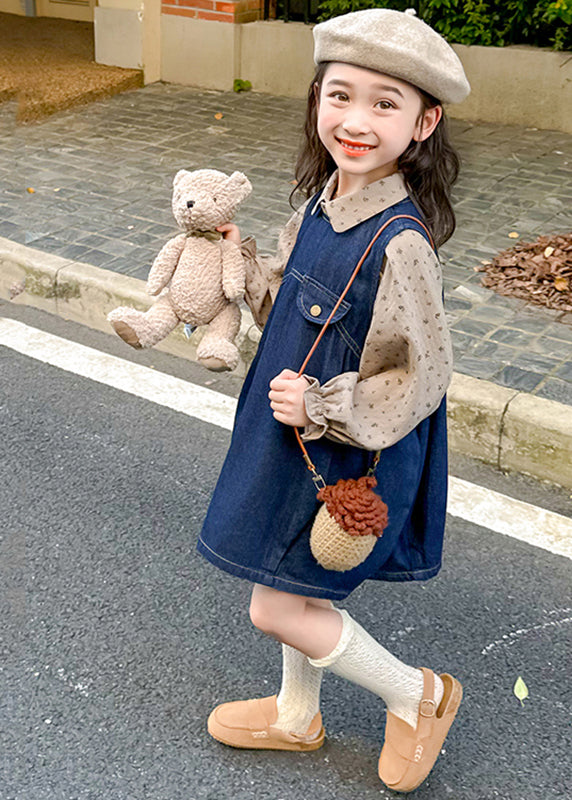 Robe longue en denim bleu imprimé patchwork pour enfants, manches lanternes, TV032