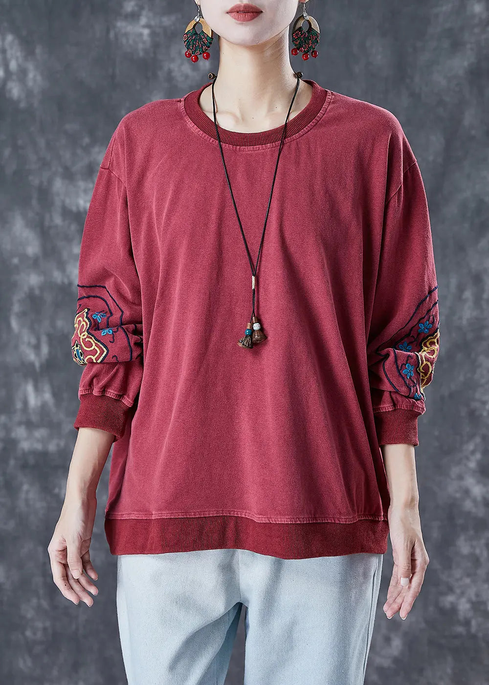 Style Dull Red Embroidered Cotton Loose Sweatshirts Top Fall Ada Fashion