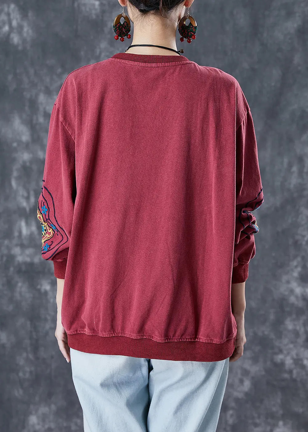 Style Dull Red Embroidered Cotton Loose Sweatshirts Top Fall Ada Fashion