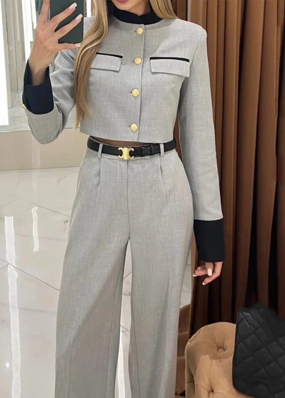 Style Elegant Grey Tops And Pants Cotton Two Pieces Set Fall QY034