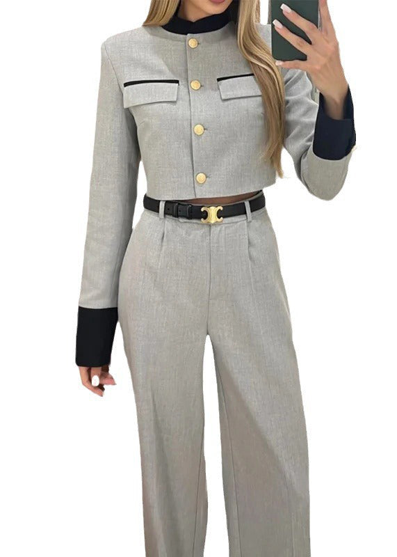 Style Elegant Grey Tops And Pants Cotton Two Pieces Set Fall QY034