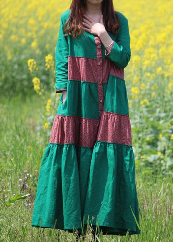 Robe longue à manches longues avec poches et imprimé vert style VB1029