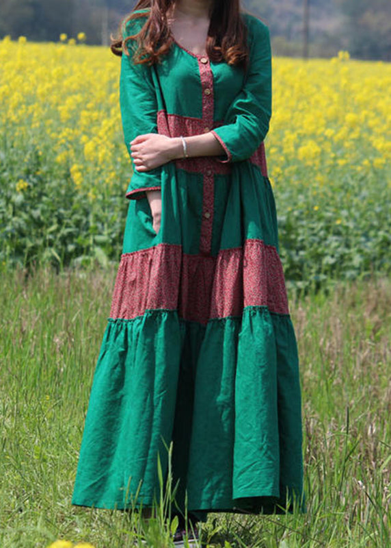 Robe longue à manches longues avec poches et imprimé vert style VB1029