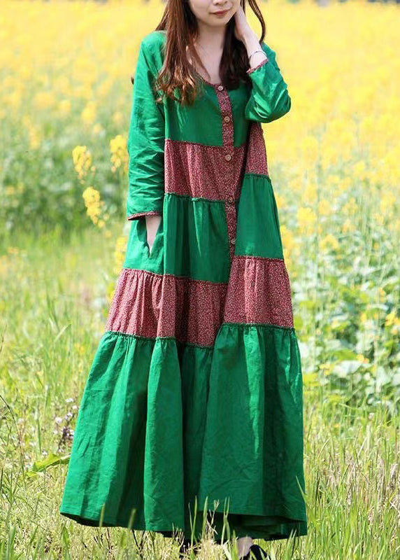 Robe longue à manches longues avec poches et imprimé vert style VB1029