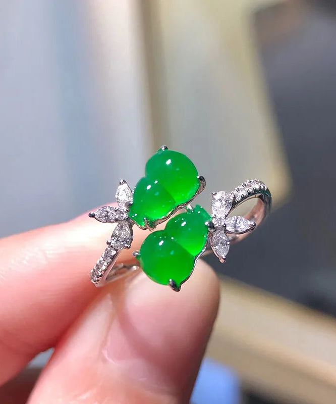 Style Green Sterling Silver Inlaid Zircon Jade Gourd Rings AC1054