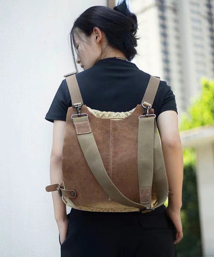 Style Khaki Calf Leather Patchwork Canvas Backpack Satchel Bag MM058