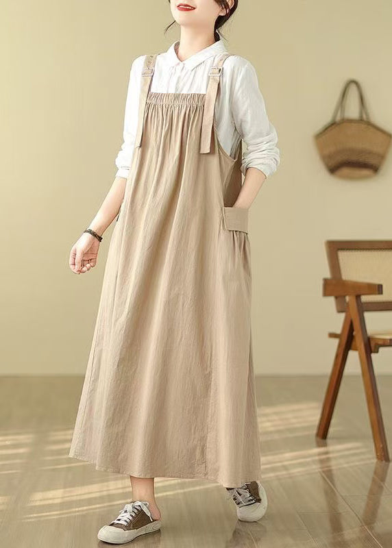 Cotton Summer Cami Oversized Khaki Dress Pockets Style
