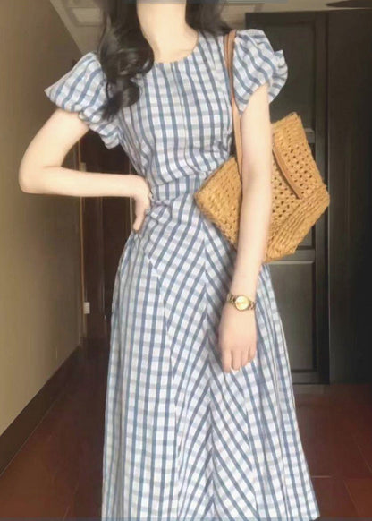 Style Light Blue O-Neck Plaid Tie Waist Long Dress Short Sleeve UU1023