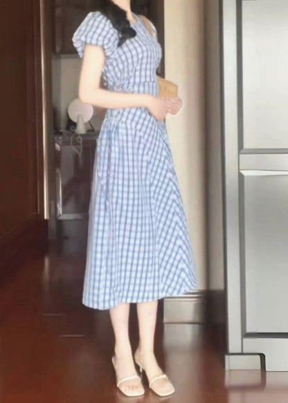 Style Light Blue O-Neck Plaid Tie Waist Long Dress Short Sleeve UU1023