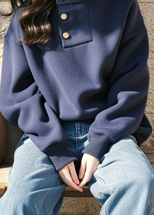 Style Navy Ruffled Patchwork Cotton Sweatshirt Spring TN024