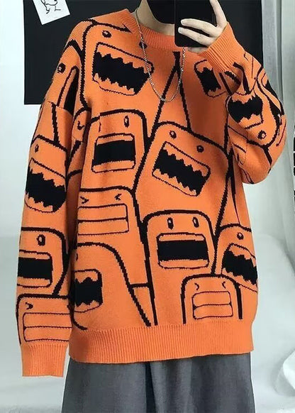 Style Orange O Neck Thick Print Knit Men Sweater Tops Winter EQ020