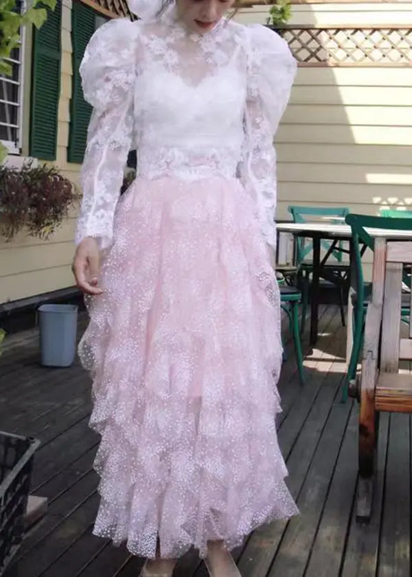 Style Pink Asymmetrical Wrinkled Elastic Waist Tulle Skirts Spring Ada Fashion