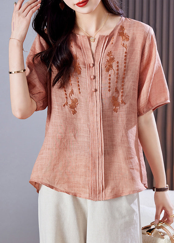 Chemise d'été en lin brodée rose