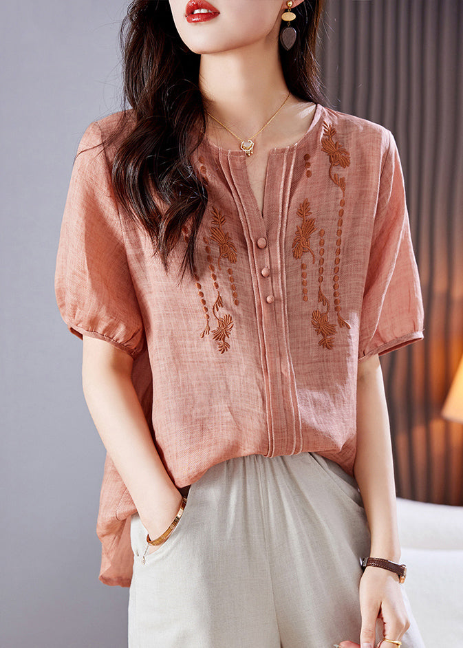 Chemise d'été en lin brodée rose