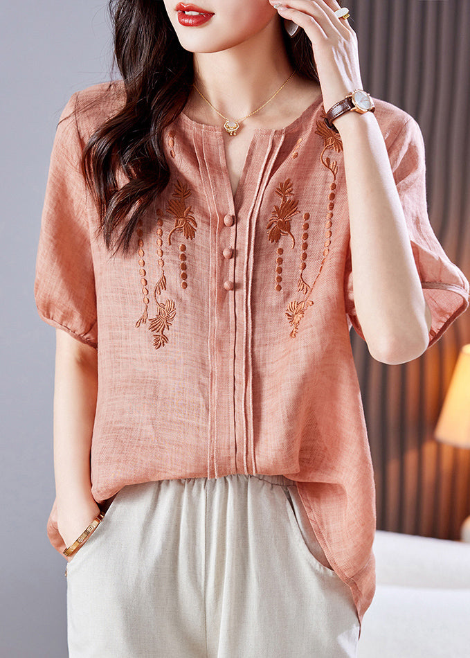 Chemise d'été en lin brodée rose