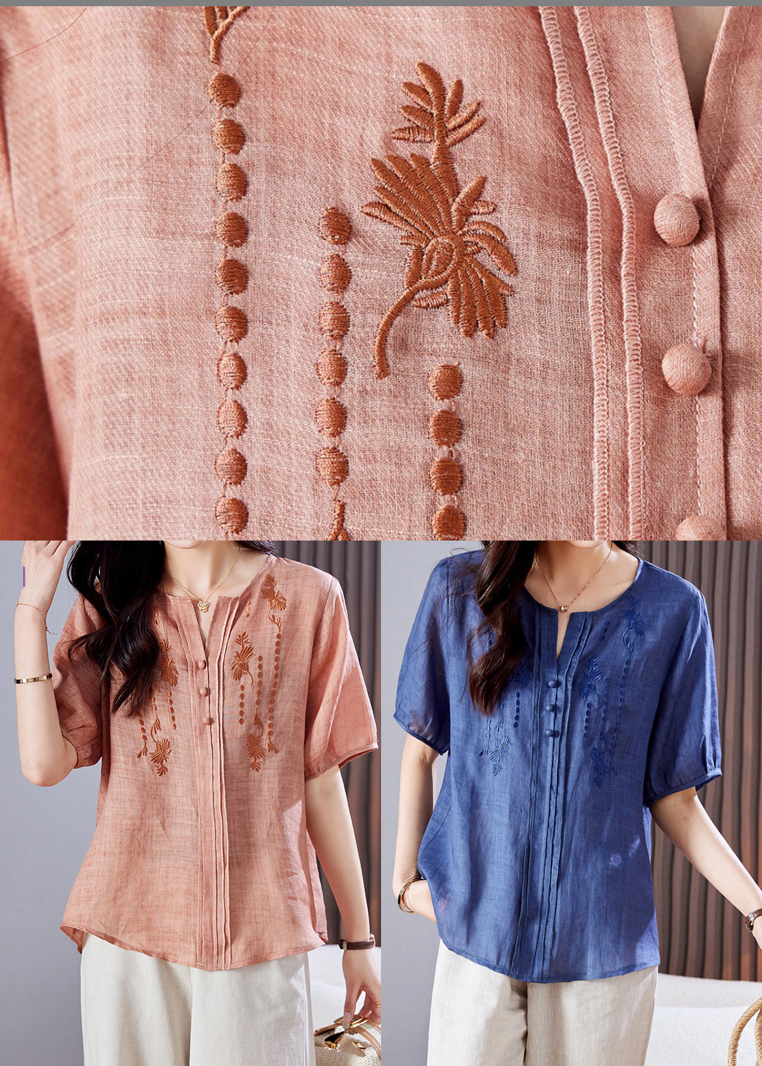 Chemise d'été en lin brodée rose