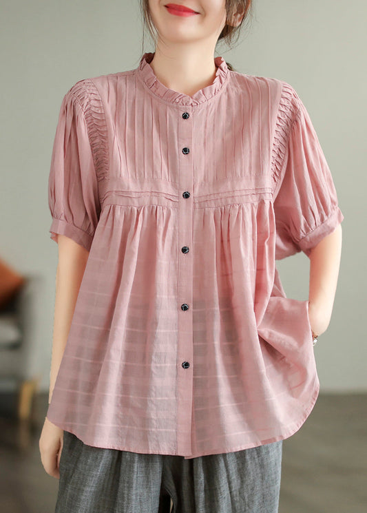 Style Summer Wrinkled Shirt Cotton Pink Ruffled