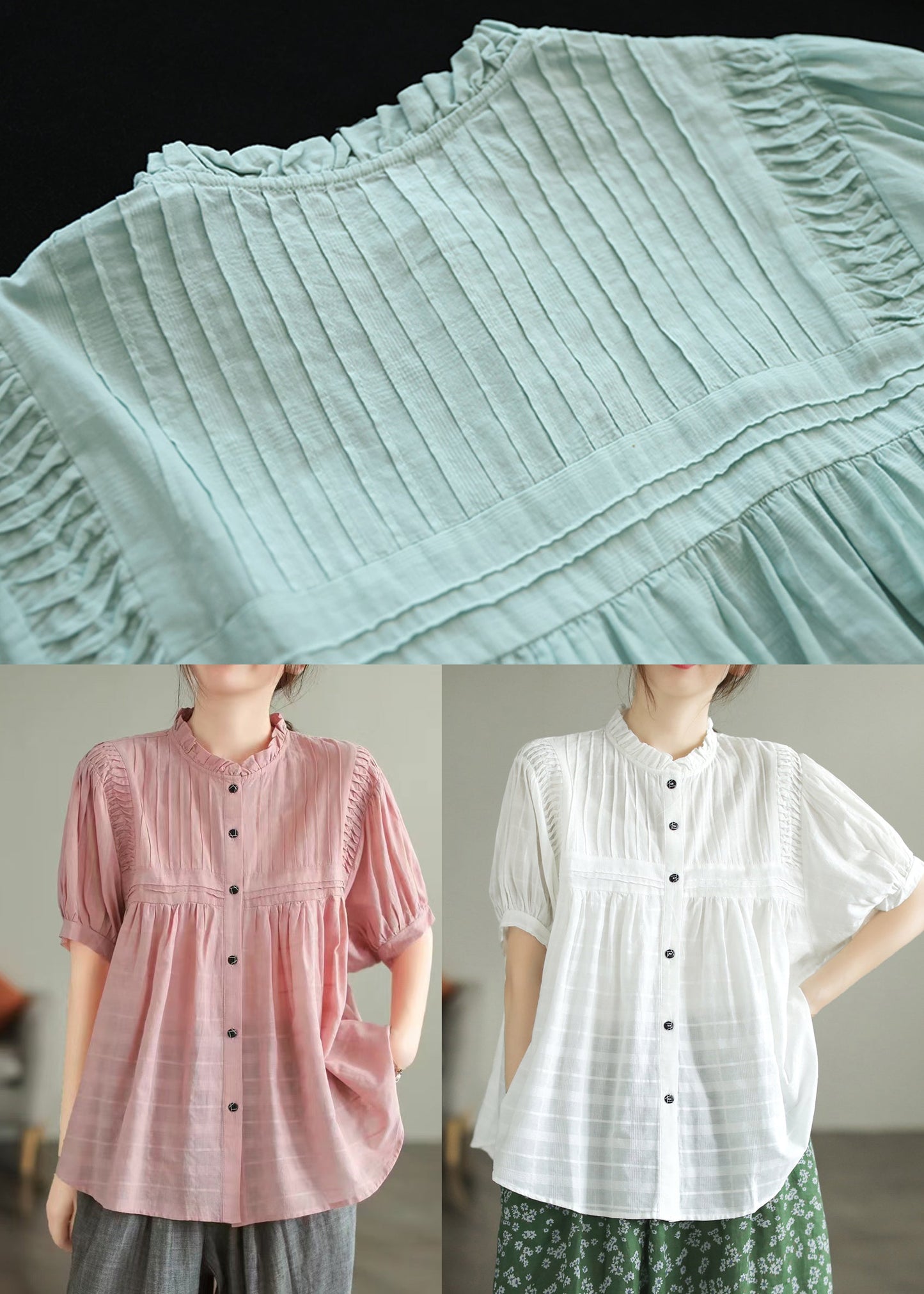 Style Summer Wrinkled Shirt Cotton Pink Ruffled