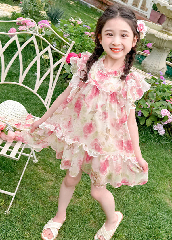 Style Pink Stand Collar Print Nail Bead Tulle Kids Mid Dress Summer XZ029