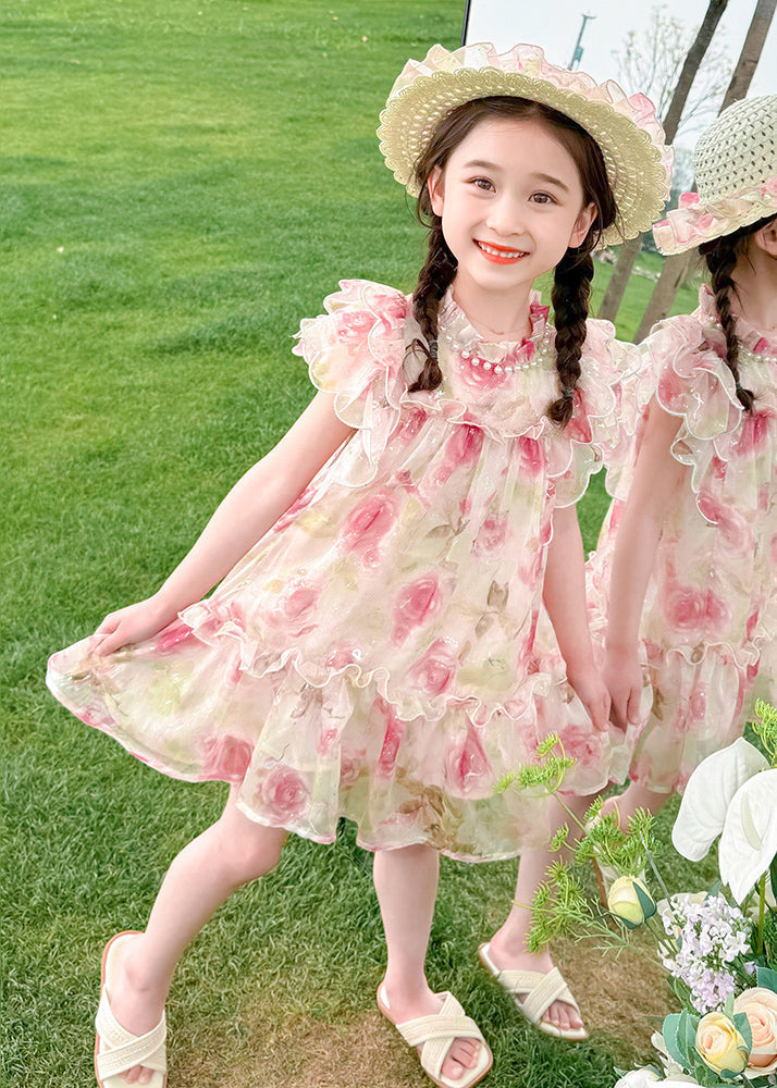 Style Pink Stand Collar Print Nail Bead Tulle Kids Mid Dress Summer XZ029