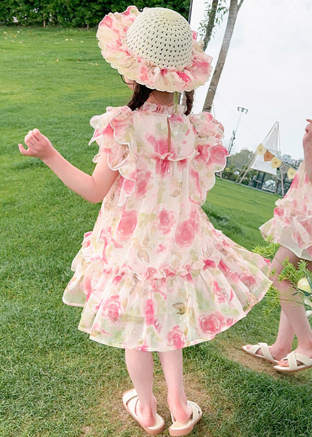 Style Pink Stand Collar Print Nail Bead Tulle Kids Mid Dress Summer XZ029