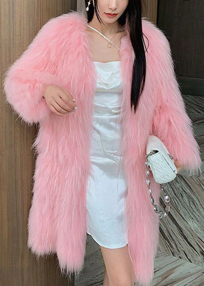 Style Pink V Neck Mink Hair Leather And Fur Long Coats Winter WZ030