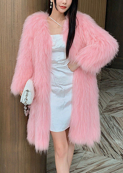 Style Pink V Neck Mink Hair Leather And Fur Long Coats Winter WZ030