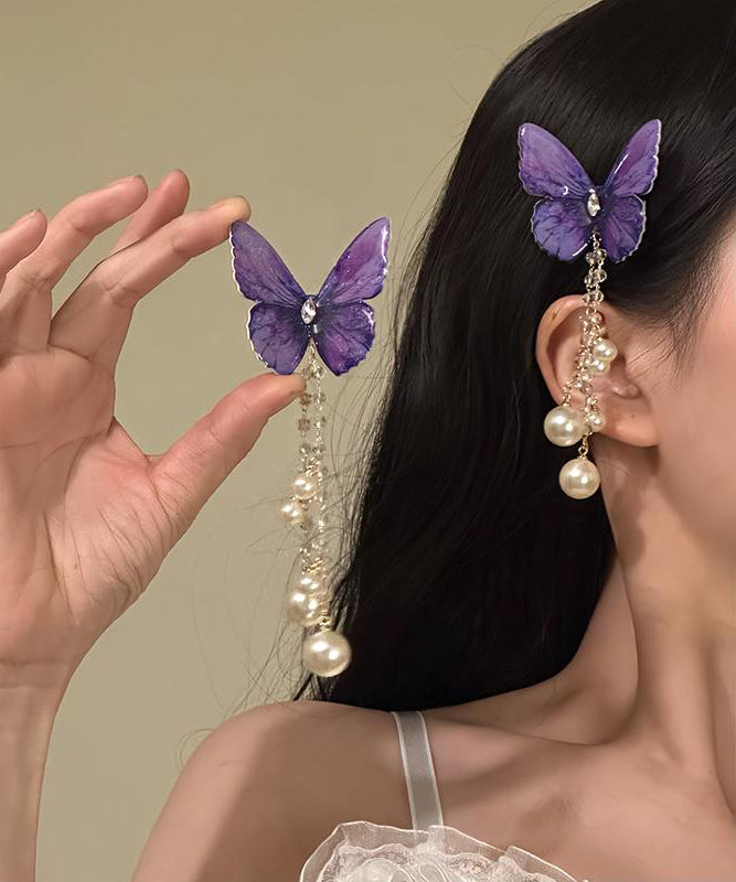 Épingle à cheveux papillon style zircon pompon perle alliage violet