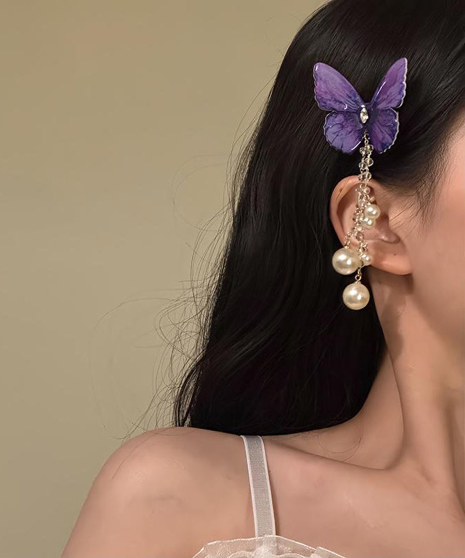 Épingle à cheveux papillon style zircon pompon perle alliage violet