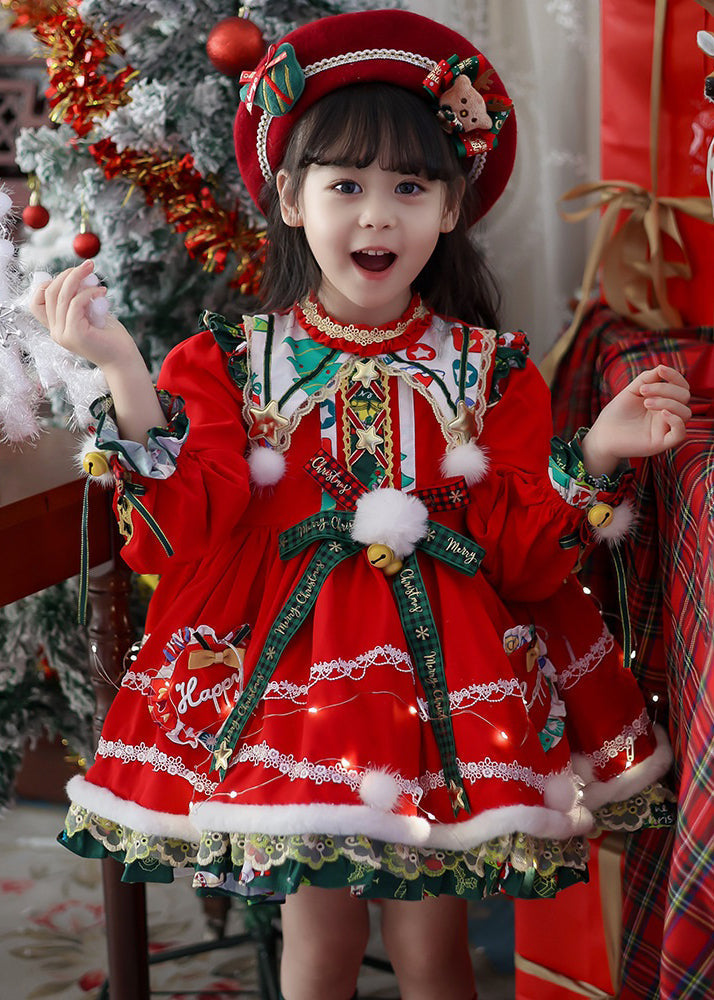 Style Red Print Warm Fleece Party Kids Mid Dress Winter RP035