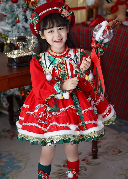 Style Red Print Warm Fleece Party Kids Mid Dress Winter RP035