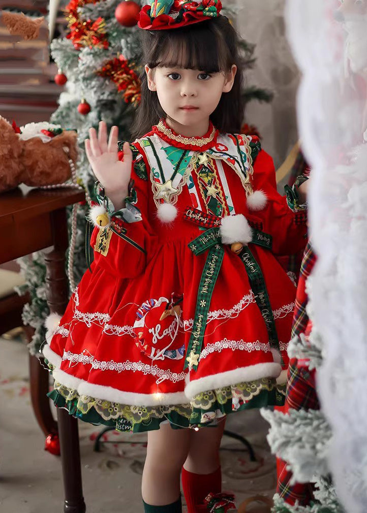 Style Red Print Warm Fleece Party Kids Mid Dress Winter RP035