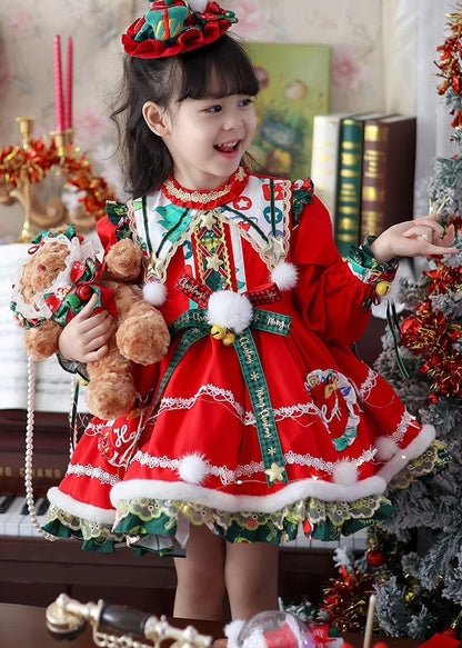 Style Red Print Warm Fleece Party Kids Mid Dress Winter RP035