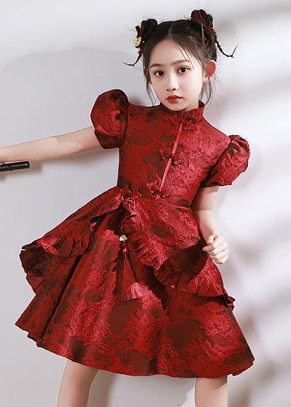Robe longue asymétrique rouge à col volanté pour enfant