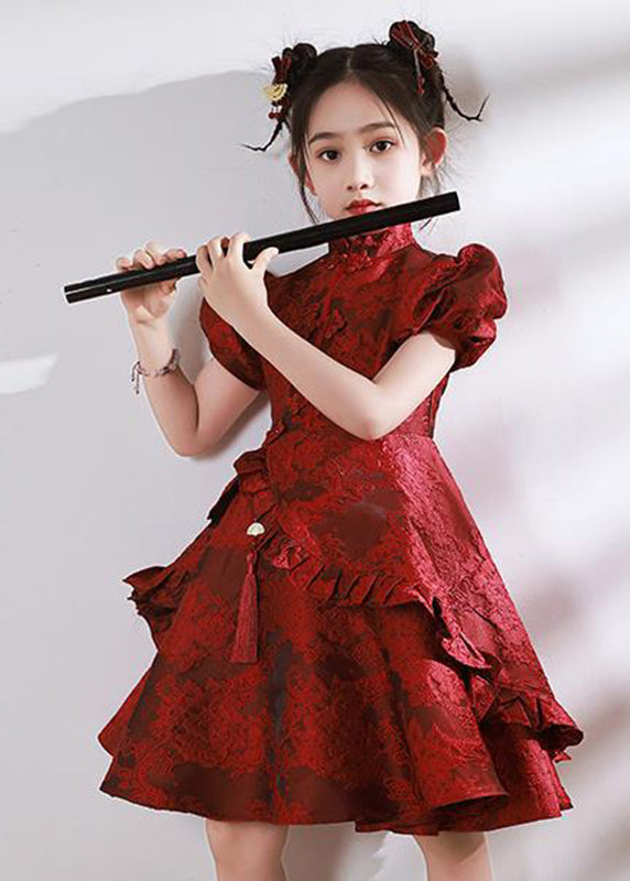 Robe longue asymétrique rouge à col volanté pour enfant