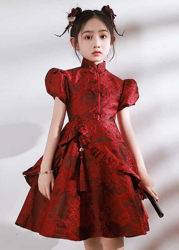 Robe longue asymétrique rouge à col volanté pour enfant